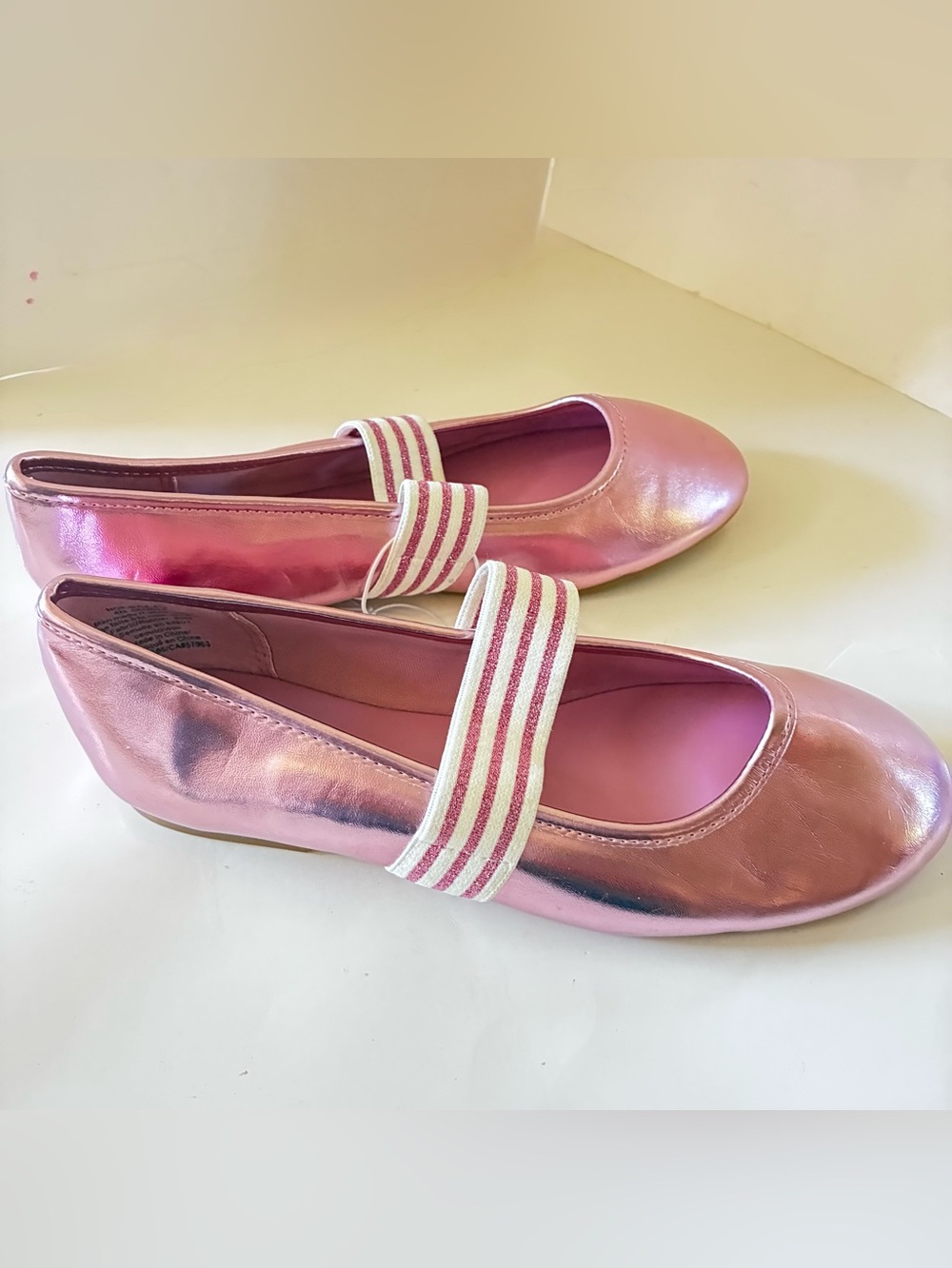 Nordstrom Nokiera Girls Mary Jane Pink Metallic Ballet Flats Striped Elastic 4